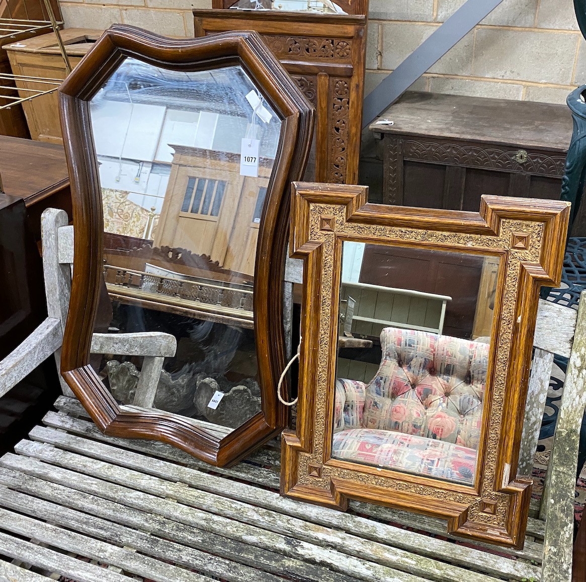 Two stained beech wall mirrors, 90cm and 67cm